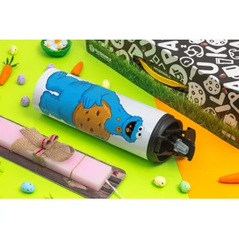 Cookie Monster, Πασχαλινή Λαμπάδα με Travel Tumbler θερμό με διπλό καπάκι (600ml, BPA free) & κερί αρωματικό πλακέ (30cm) (ΡΟΖ)