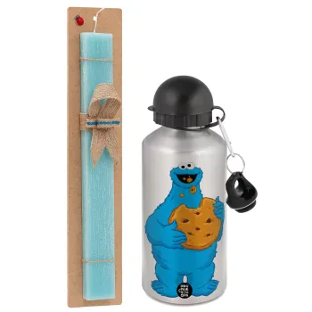 Cookie Monster, Πασχαλινή Λαμπάδα με παγούρι μεταλλικό Ασημένιο αλουμινίου (500ml) & κερί αρωματικό πλακέ (30cm) (ΤΙΡΚΟΥΑΖ)