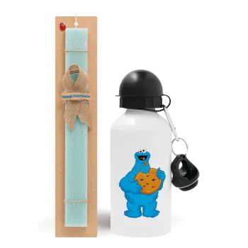 Cookie Monster, Easter Set, metallic aluminum water bottle (500ml) & scented flat candle (30cm) (TURQUOISE)
