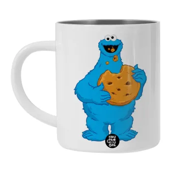 Cookie Monster, Λευκή Ανοξείδωτη Μεταλλική Κούπα 450ml - Διπλού Τοιχώματος 