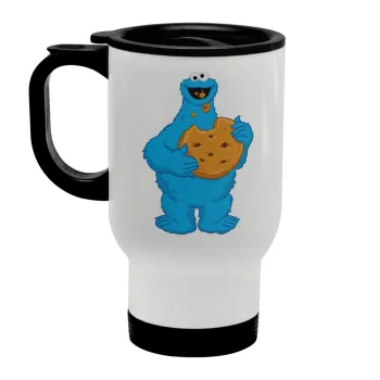Cookie Monster, Stainless steel travel mug with lid, double wall white 450ml