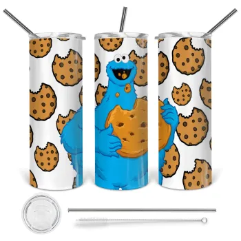 Cookie Monster, Tumbler ποτήρι θερμό από ανοξείδωτο ατσάλι 600ml, με μεταλλικό καλαμάκι & βούρτσα καθαρισμού