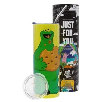 Cookie Monster, Neon Yellow Travel Tumbler θερμό, μεταλλικό καλαμάκι(Ανωξείδωτο 304 Food grade, BPA free, 600ml)