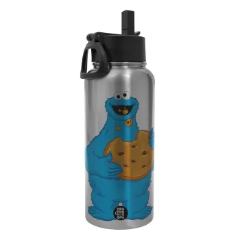 Cookie Monster, Metal mug thermo Silver with Straw and Spout Lid (Stainless steel), double wall, 950ml