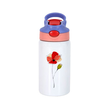 Red poppy flowers papaver, Children's hot water bottle, stainless steel, with safety straw, pink/purple (350ml)
