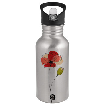 Red poppy flowers papaver, Water bottle Silver with straw, stainless steel 500ml