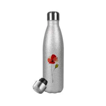 Red poppy flowers papaver, Metallic Glitter Silver Thermos Flask (Stainless steel), double-walled, 500ml