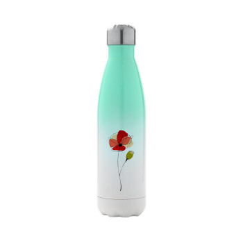 Red poppy flowers papaver, Metal mug thermos Green/White (Stainless steel), double wall, 500ml