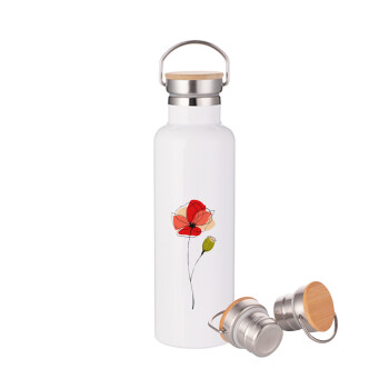 Red poppy flowers papaver, Stainless steel White with wooden lid (bamboo), double wall, 750ml
