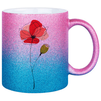 Red poppy flowers papaver, Κούπα Χρυσή/Μπλε Glitter, κεραμική, 330ml