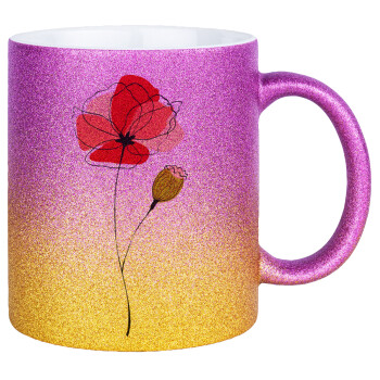 Red poppy flowers papaver, Κούπα Χρυσή/Ροζ Glitter, κεραμική, 330ml