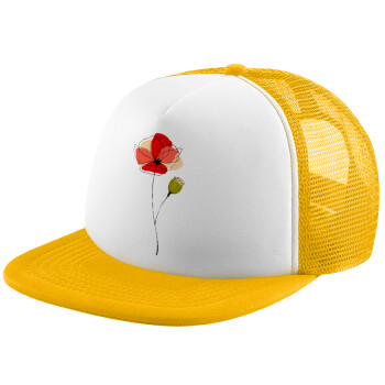 Red poppy flowers papaver, Καπέλο παιδικό Soft Trucker με Δίχτυ ΚΙΤΡΙΝΟ/ΛΕΥΚΟ (POLYESTER, ΠΑΙΔΙΚΟ, ONE SIZE)