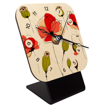 Red poppy flowers papaver, Quartz Table clock in natural wood (10cm)