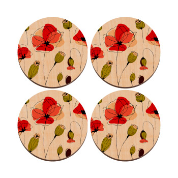 Red poppy flowers papaver, ΣΕΤ x4 Σουβέρ ξύλινα στρογγυλά plywood (9cm)