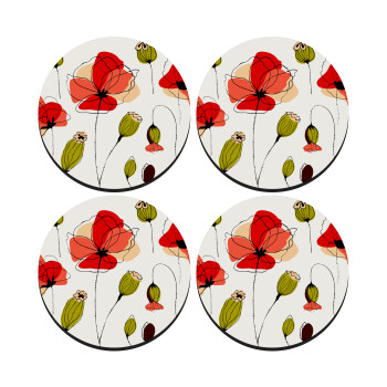 Red poppy flowers papaver, SET of 4 round wooden coasters (9cm)