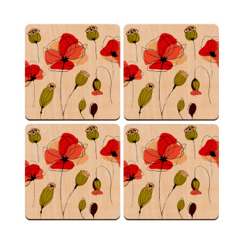 Red poppy flowers papaver, ΣΕΤ x4 Σουβέρ ξύλινα τετράγωνα plywood (9cm)