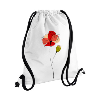 Red poppy flowers papaver, Τσάντα πλάτης πουγκί GYMBAG λευκή, με τσέπη (40x48cm) & χονδρά κορδόνια