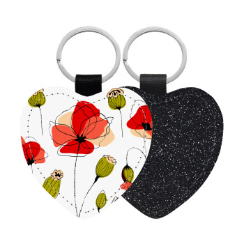 Red poppy flowers papaver, Μπρελόκ PU δερμάτινο glitter καρδιά ΜΑΥΡΟ