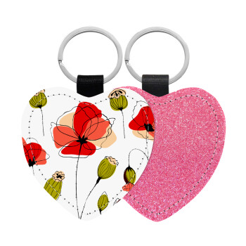 Red poppy flowers papaver, Μπρελόκ PU δερμάτινο glitter καρδιά ΡΟΖ