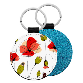 Red poppy flowers papaver, Μπρελόκ Δερματίνη, στρογγυλό ΜΠΛΕ (5cm)