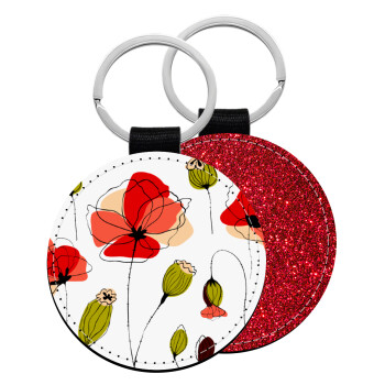 Red poppy flowers papaver, Μπρελόκ Δερματίνη, στρογγυλό ΚΟΚΚΙΝΟ (5cm)