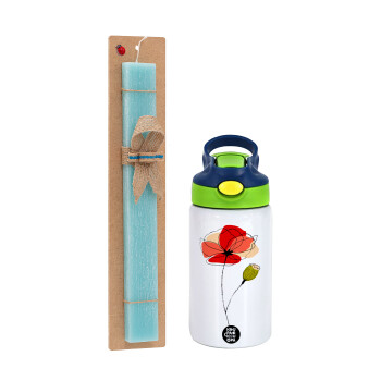 Red poppy flowers papaver, Πασχαλινή Λαμπάδα με Παιδικό παγούρι θερμό, ανοξείδωτο, με καλαμάκι ασφαλείας, πράσινο/μπλε (350ml) & κερί αρωματικό πλακέ (30cm) (ΤΙΡΚΟΥΑΖ)