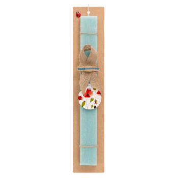 Red poppy flowers papaver, Easter Set, wooden keychain & aromatic flat Easter candle (30cm) (TURQUOISE)