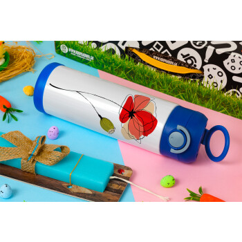 Red poppy flowers papaver, Easter candle, Childrens hot water bottle, stainless steel, with safety straw, BLUE (500ml)