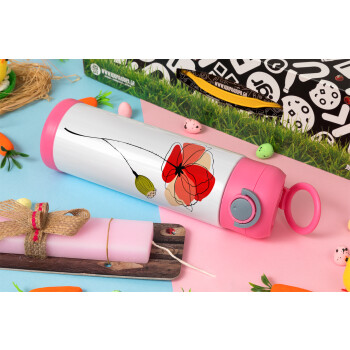 Red poppy flowers papaver, Easter candle, Childrens hot water bottle, stainless steel, with safety straw, PINK (500ml)