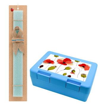 Red poppy flowers papaver, Easter Set, children's snack container BLUE & Easter aromatic flat candle (30cm) (TURQUOISE)