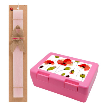 Red poppy flowers papaver, Easter Set, children's snack container PINK & scented flat Easter candle (30cm) (PINK)