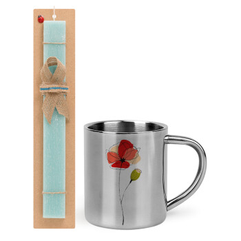Red poppy flowers papaver, Easter Set, metallic thermal cup (300ml) & aromatic flat Easter candle (30cm) (TURQUOISE)