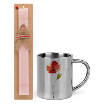 Red poppy flowers papaver, Easter Set, metallic thermal cup (300ml) & aromatic flat Easter candle (30cm) (PINK)