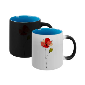 Red poppy flowers papaver, Κούπα Μαγική εσωτερικό μπλε, κεραμική 330ml που αλλάζει χρώμα με το ζεστό ρόφημα