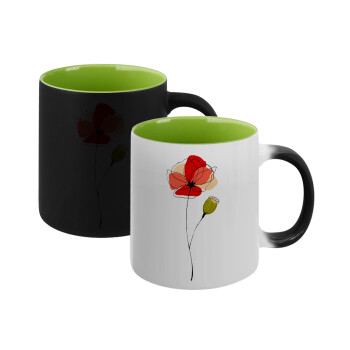 Red poppy flowers papaver, Κούπα Μαγική εσωτερικό πράσινο, κεραμική 330ml που αλλάζει χρώμα με το ζεστό ρόφημα