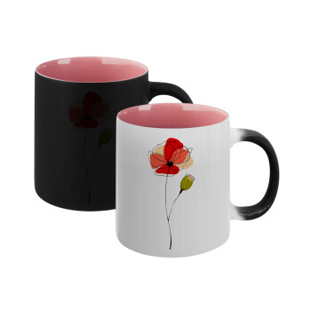 Red poppy flowers papaver, Κούπα Μαγική εσωτερικό ΡΟΖ, κεραμική 330ml που αλλάζει χρώμα με το ζεστό ρόφημα