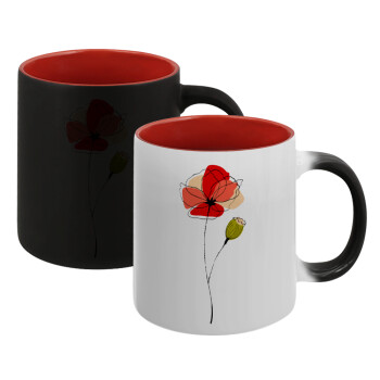 Red poppy flowers papaver, Κούπα Μαγική εσωτερικό κόκκινο, κεραμική, 330ml που αλλάζει χρώμα με το ζεστό ρόφημα (1 τεμάχιο)