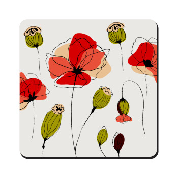 Red poppy flowers papaver, Τετράγωνο μαγνητάκι ξύλινο 9x9cm