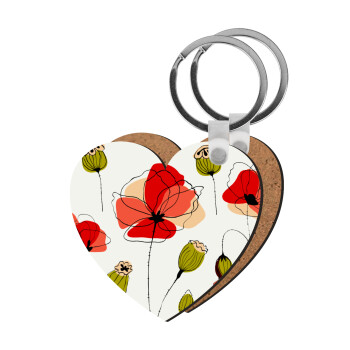 Red poppy flowers papaver, Μπρελόκ Ξύλινο καρδιά MDF