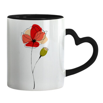 Red poppy flowers papaver, Κούπα καρδιά χερούλι μαύρη, κεραμική, 330ml