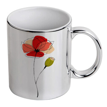 Red poppy flowers papaver, Mug ceramic, silver mirror, 330ml