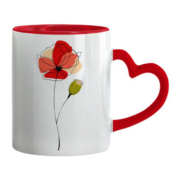 Red poppy flowers papaver, Mug heart red handle, ceramic, 330ml
