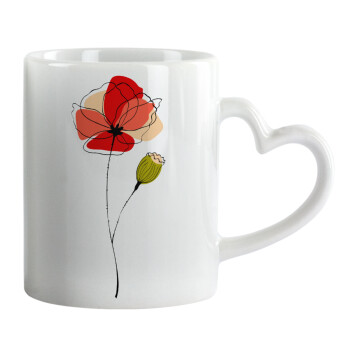 Red poppy flowers papaver, Κούπα καρδιά χερούλι λευκή, κεραμική, 330ml