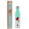 Easter Set, Metallic green/white thermos (Stainless steel), double-walled, 500ml & scented flat Easter candle (30cm) (TURQUOISE)