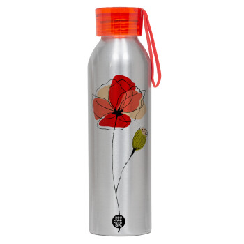Red poppy flowers papaver, Αλουμινένιο Αθλητικό Μπουκάλι 650ml – Ασημί με Κόκκινο Καπάκι και Λουράκι Σιλικόνης