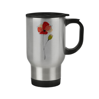 Red poppy flowers papaver, Stainless steel travel mug with lid, double wall 450ml