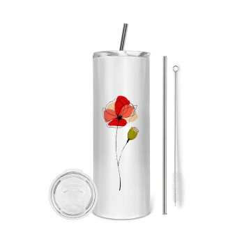 Red poppy flowers papaver, Eco friendly stainless steel tumbler 600ml, with metal straw & cleaning brush