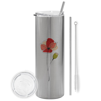 Red poppy flowers papaver, Eco friendly stainless steel Silver tumbler 600ml, with metal straw & cleaning brush