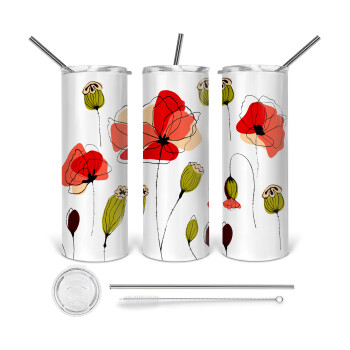 Red poppy flowers papaver, 360 Eco friendly stainless steel tumbler 600ml, with metal straw & cleaning brush