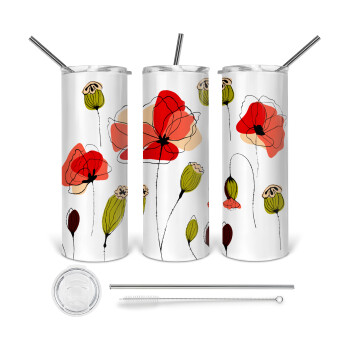 Red poppy flowers papaver, Tumbler ποτήρι θερμό από ανοξείδωτο ατσάλι 600ml, με μεταλλικό καλαμάκι & βούρτσα καθαρισμού